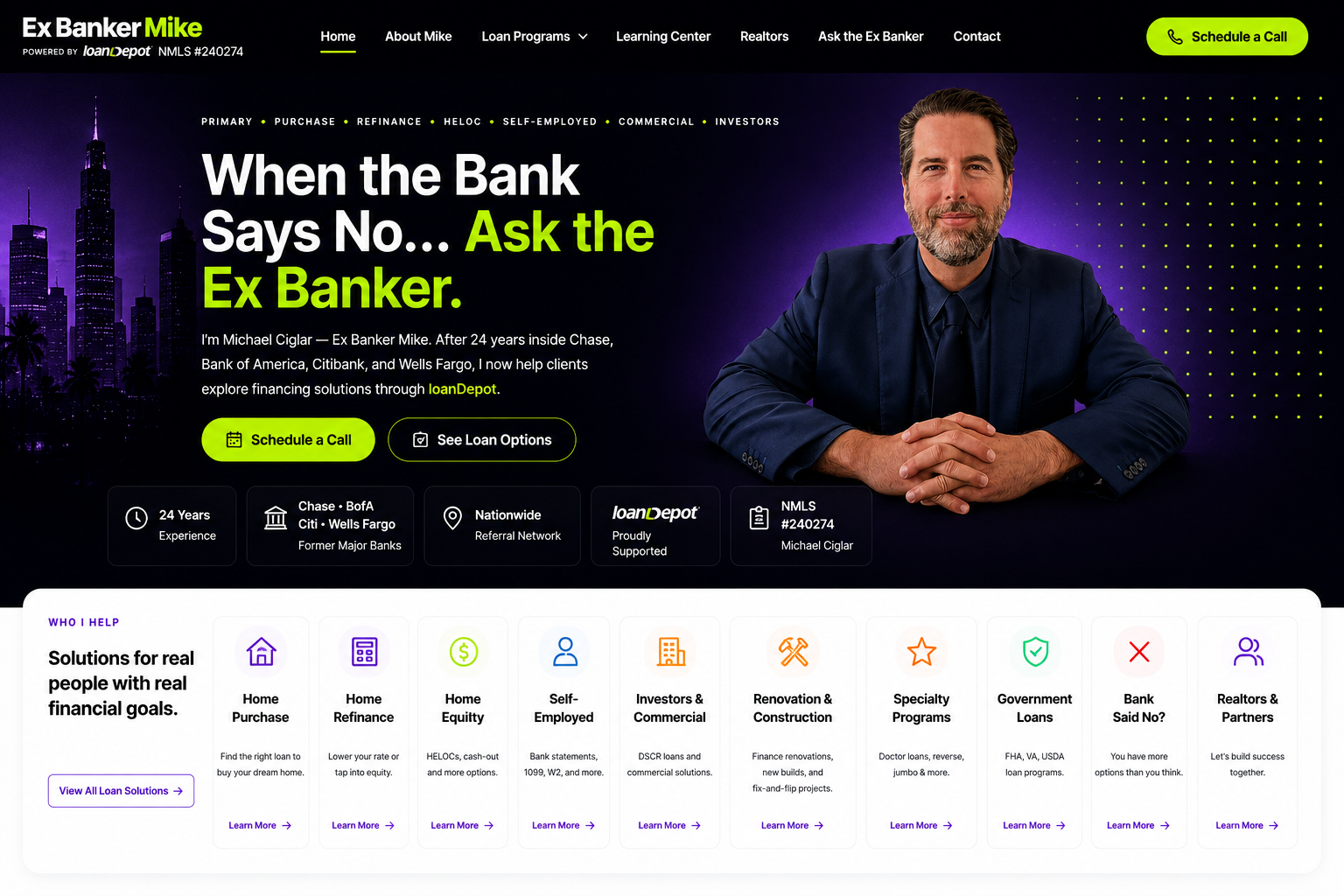 Ex Banker Mike homepage with loan solutions